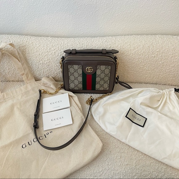 Gucci GG Supreme Monogram Mini Ophidia Top Handle Crossbody Purse - Picture 9 of 14